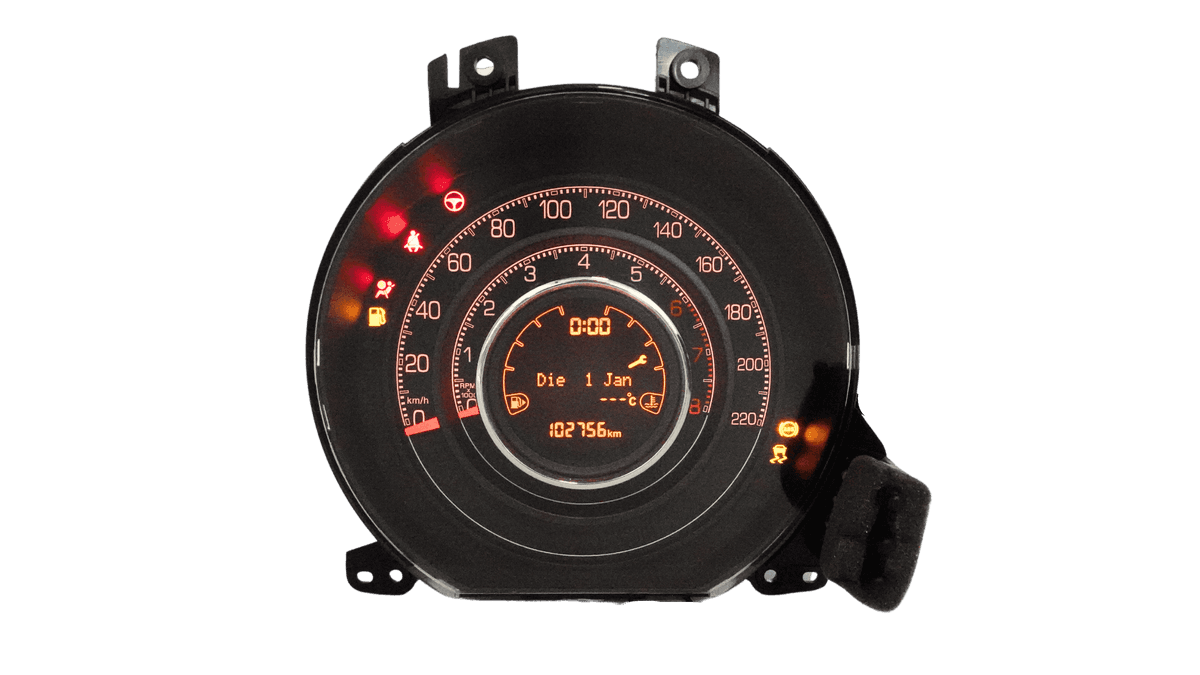 Professionelle Instandsetzung des Fiat Abarth Kombiinstruments für 500, 595 und 695 bei Revonik GmbH – Behebung von Pixelfehlern, Ausfällen und Anzeigeproblemen.
